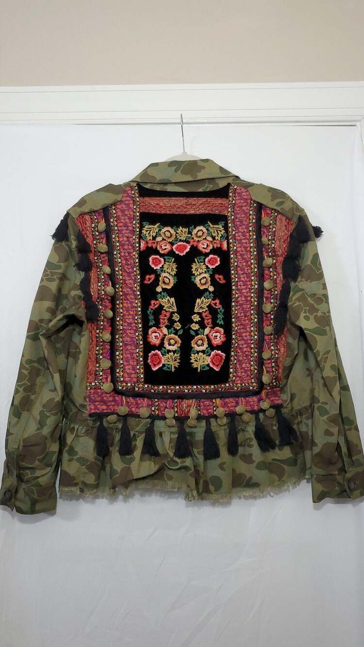 Zara Woman Camouflage Embroidered Tassel Peplum Jacket Size M